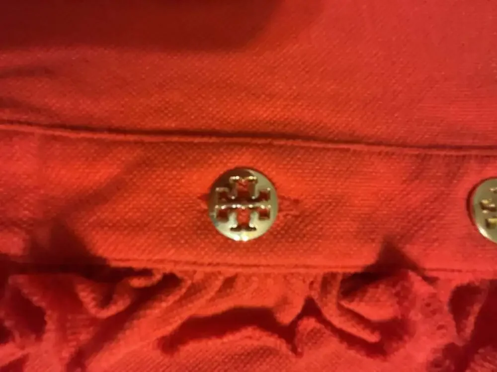 Tory Burch Lidia Ruffled Polo Shirt Size S/P Orange Short Sleeve